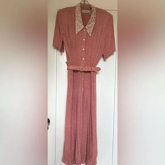 Liz Claiborne Vintage Pink Floral Dress with Lace Collar Vintage Size 12 - Picture 3 of 7